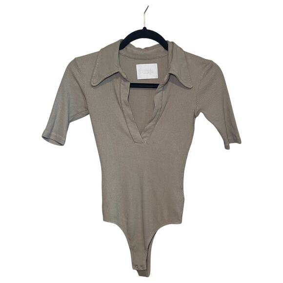 Citizens of Humanity Liu Organic Cotton Ribbed Polo Collared Bodysuit Tan XS - Picture 2 of 8
